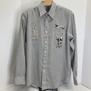 Get Lucky Womens White VTG Striped Zoo Animal Applique‎ Long Slv Shirt Size S